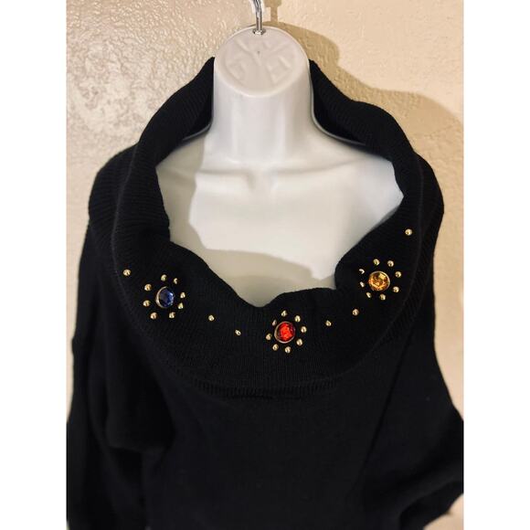 Vtg 80's Holiday Off Shoulder Blk Sweater, Large - Picture 1 of 8